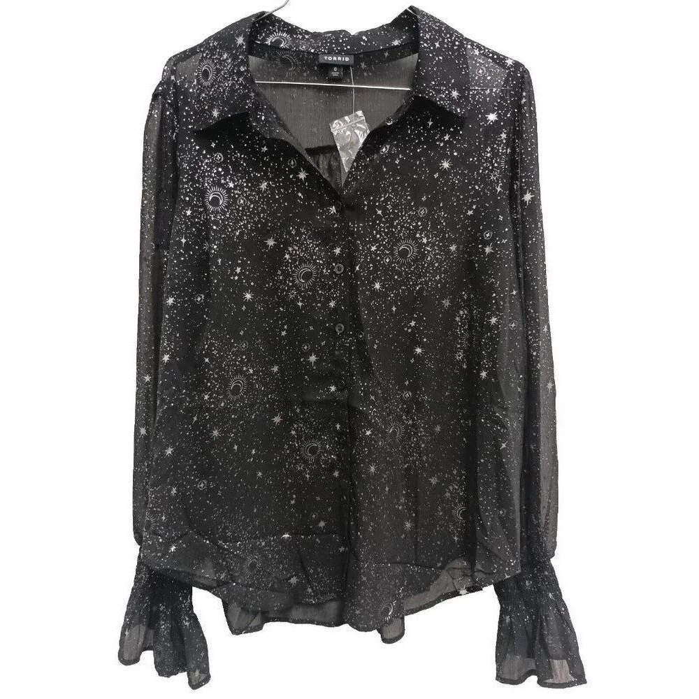 Torrid Chiffon Button Front Top Womens L 12 Black Celestial Star Long Sleeve